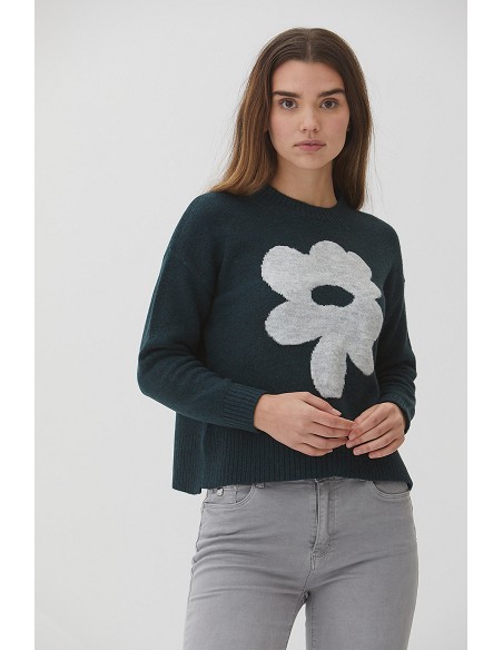 Jersey Intarsia Flor A Contraste